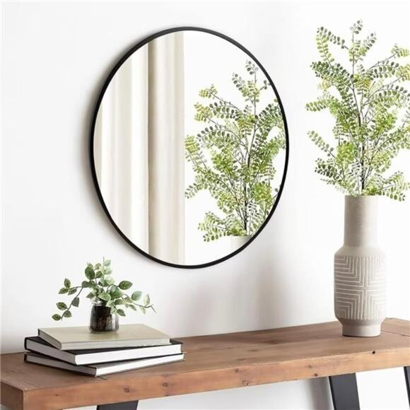 NEW West Elm Black Circle Round Matte Framed Boho Wall Entry Mirror - 20" x 20"